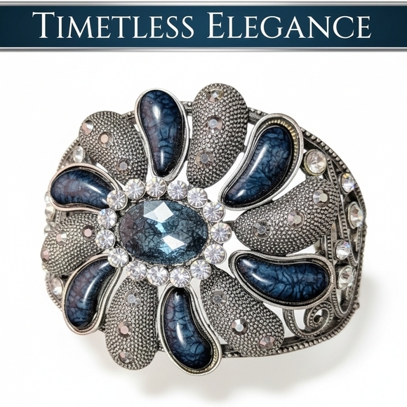 Vintage Jewelry - Vintage Silver Floral Cuff Bracelet Blue Cabochons